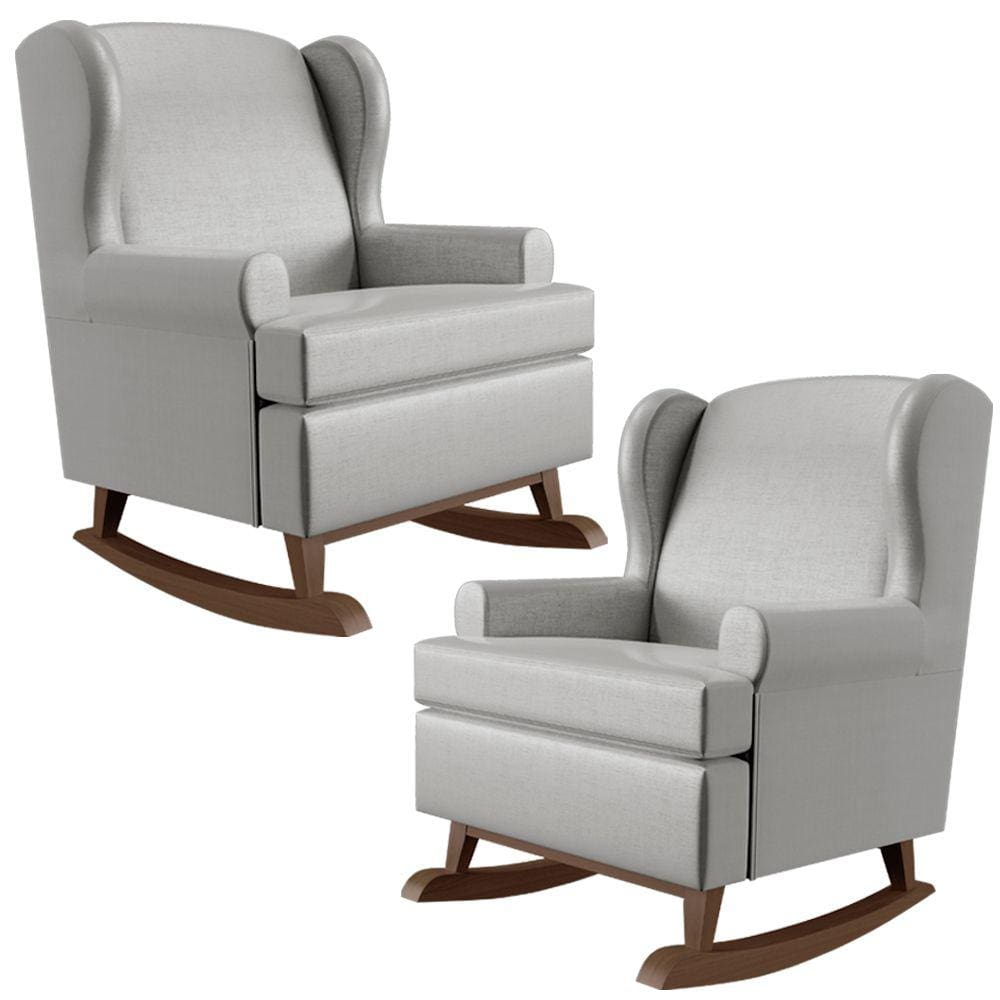 Kit 2 Poltronas De Amamentação Com Balanço Malu Base Madeira P02 Facto Cinza Metalizado - Lyam Decor