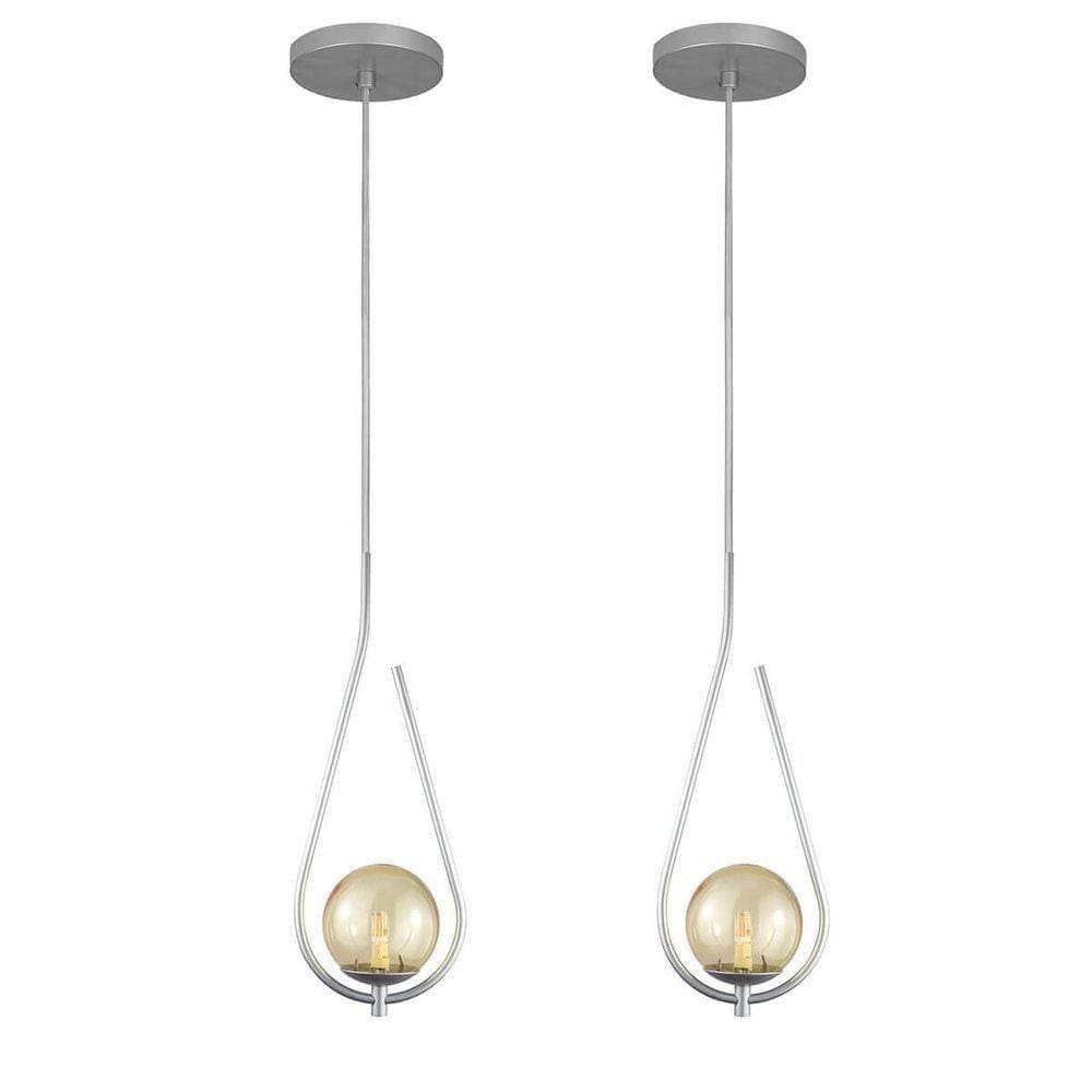 Kit 2 Pendentes Lustres On Drop Prata Globo De Vidro Ambar