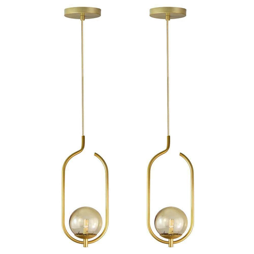 Kit 2 Pendentes Lustres On Clip Dourado Globo De Vidro âmbar