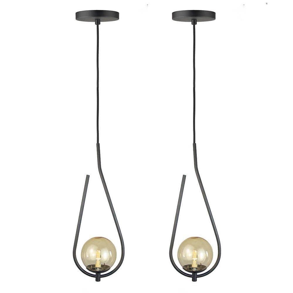 Kit 2 Pendentes Lustres On Drop Preto Globo De Vidro Ambar