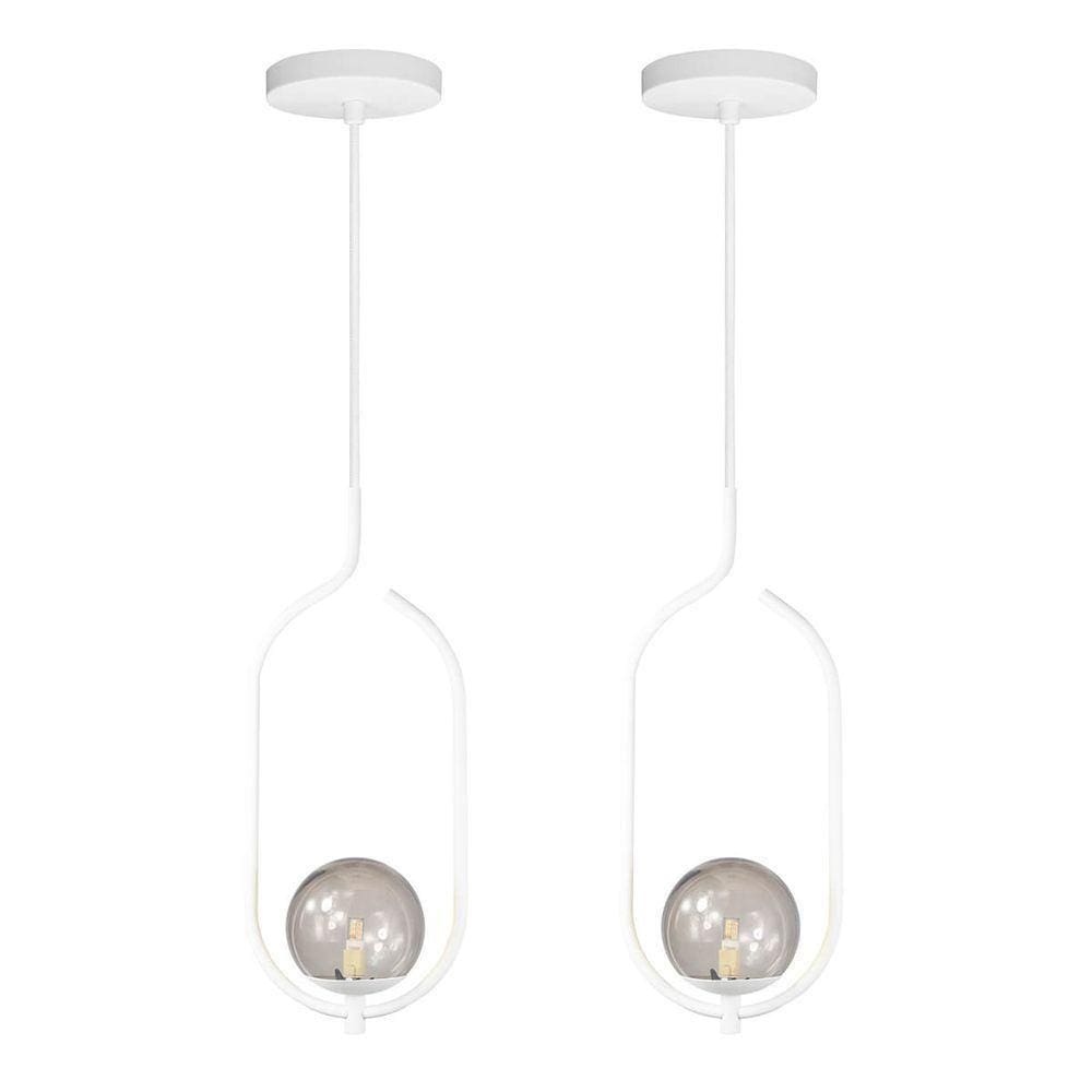 Kit 2 Pendentes Lustres On Clip Branco Globo De Vidro Fumê
