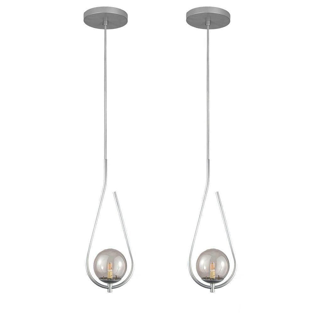 Kit 2 Pendente Lustre On Drop Prata Globo De Vidro Fume