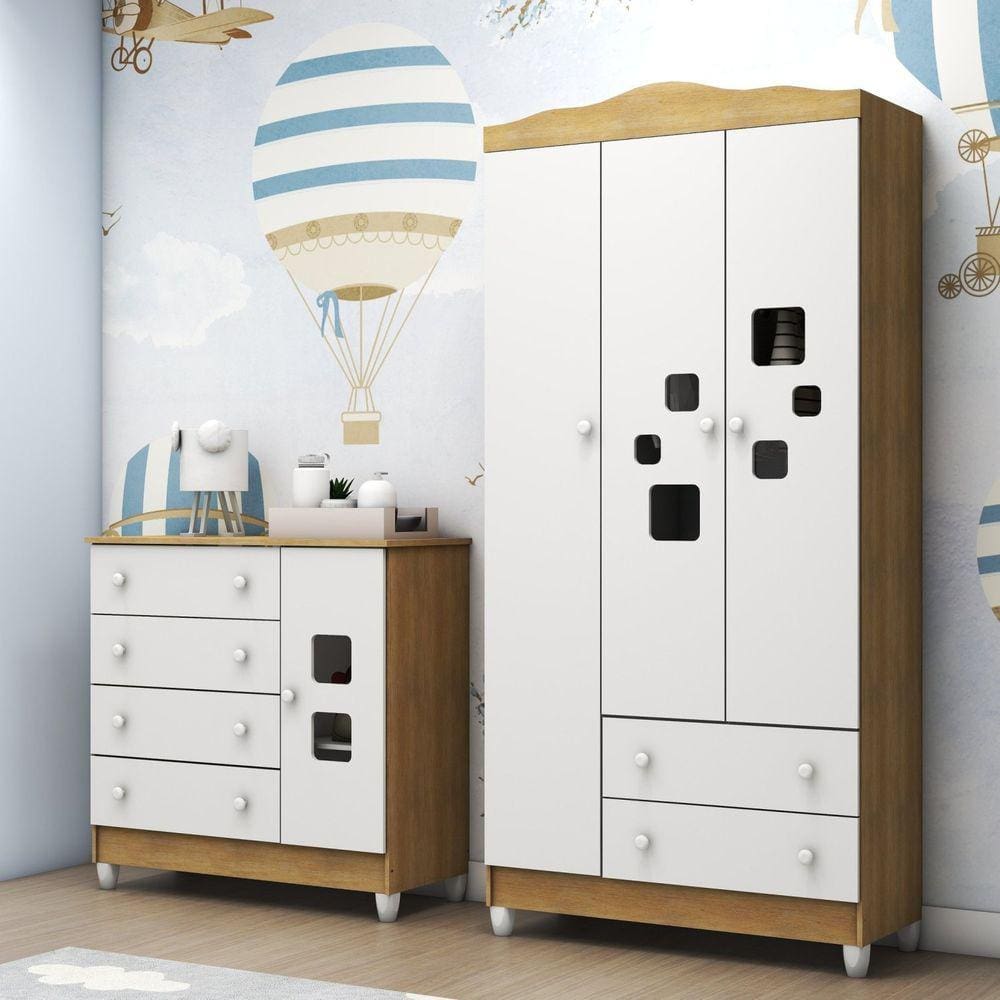 Guarda Roupa 03 Portas e Cômoda Mel Branco com Amadeirado