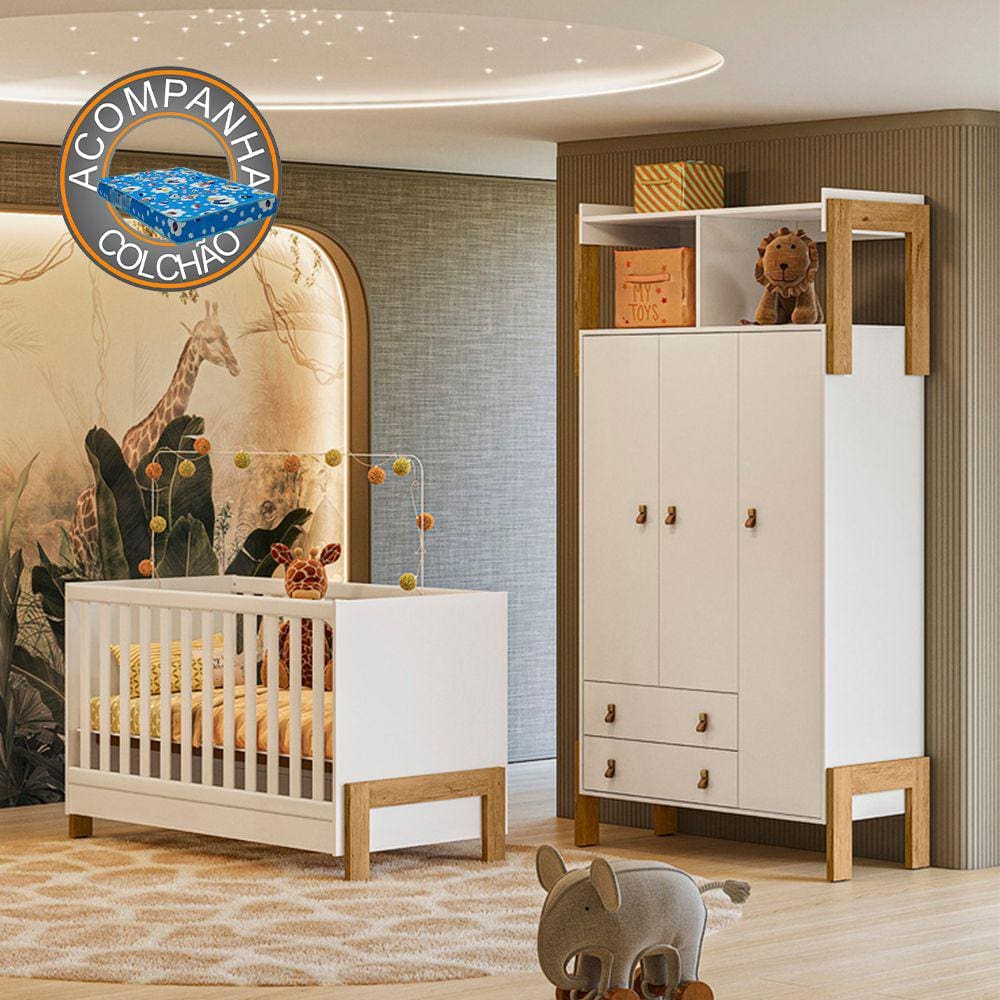 Quarto de Bebê Fantasia com Roupeiro 4375 e Berço 4300 Qmovi Branco Acetinado + Colchão Ortobom
