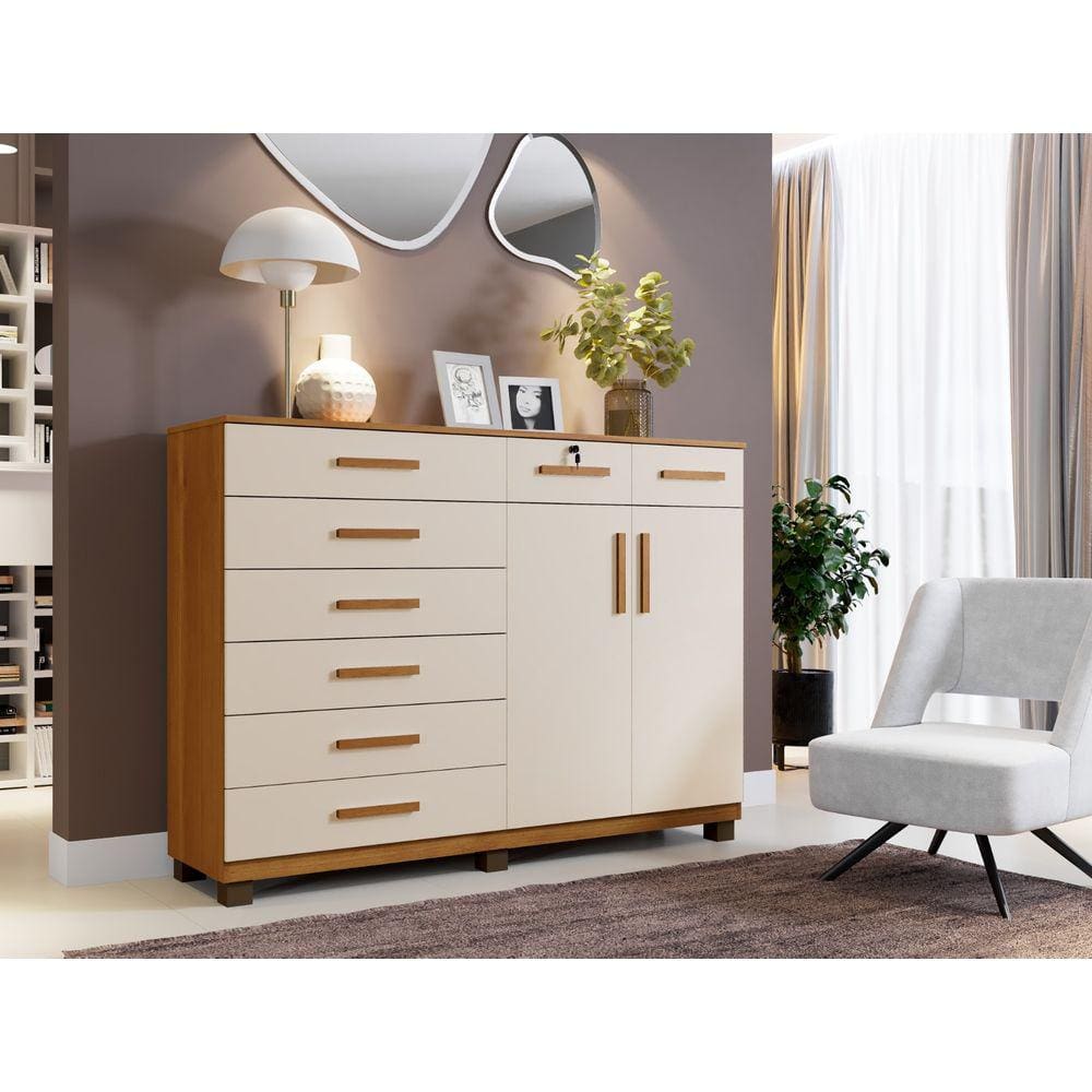 Cômoda New Triunfo Quarto Com 8 Gavetas e 2 Portas Benetil Cinamomo Off White