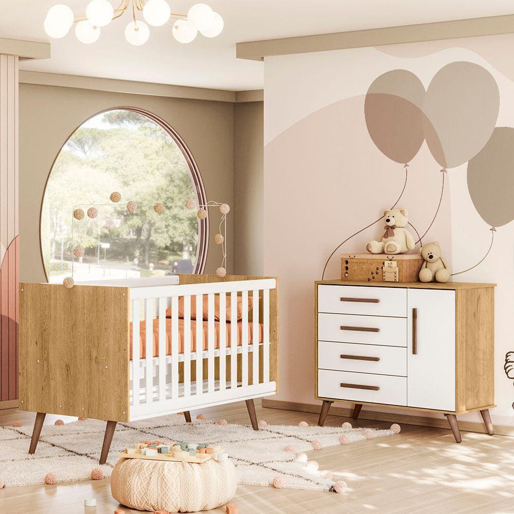 Quarto de Bebê com Berço Americano 3820 e Cômoda Infantil 3825 Qencanto Retrô Qmovi Freijó Branco Acetinado