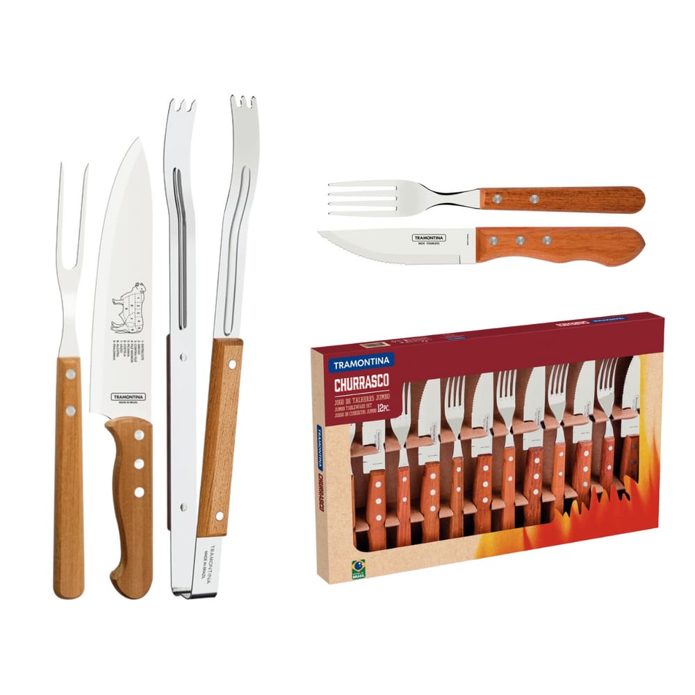 Kit Churrasco com Garfo Trinchante Faca e Pegador + Jogo de Talheres Jumbo 15 peças Tramontina