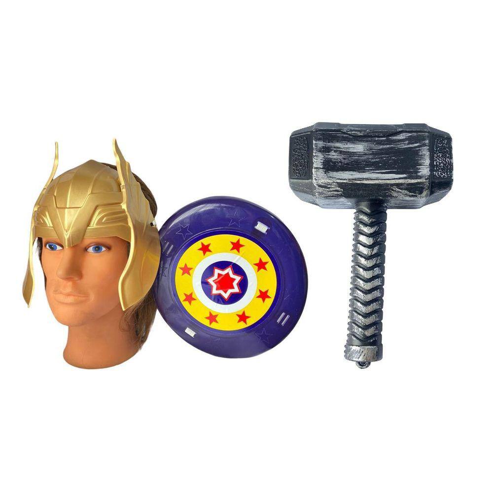 Kit Máscara Dourada, Escudo E Martelo Heróis Infantil