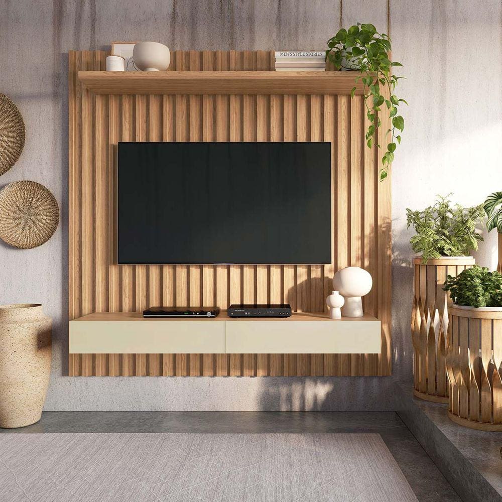 Painel Ripado Suspenso para TV até 65" 2 Gavetas 178 Cm 100% MDF Freijó Off Write Pradel