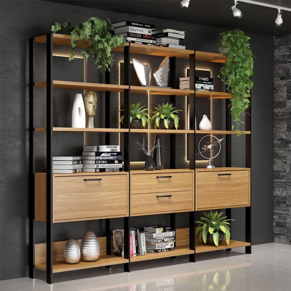 Estante Office Industrial com 2 Gavetas 216 Cm 100% MDF Freijó Preto Fosco Pradel