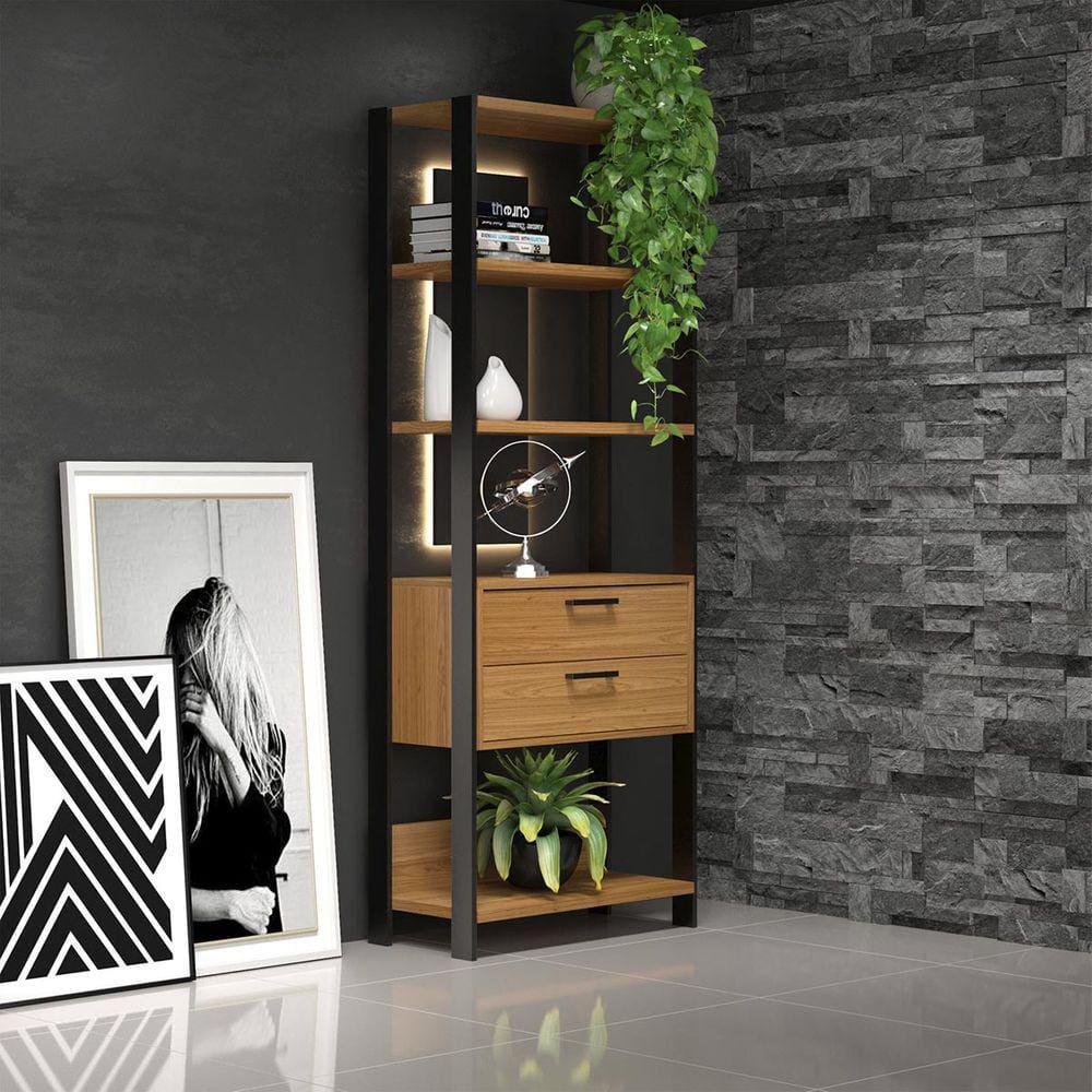 Estante Office Industrial 2 Gavetas 73x185 Cm 100% MDF Freijó Preto Fosco Pradel