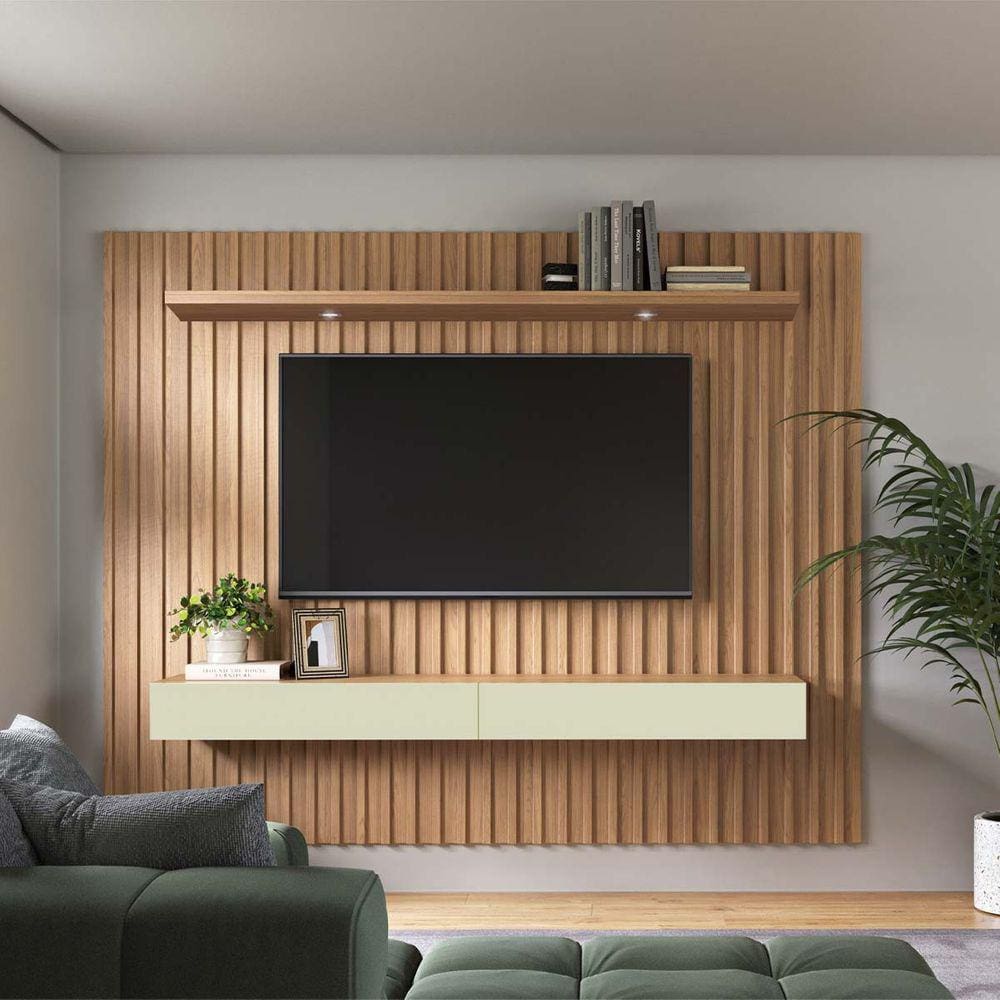 Painel Ripado Suspenso para TV de até 65" 223 Cm LED 100% MDF Freijó Off White Pradel
