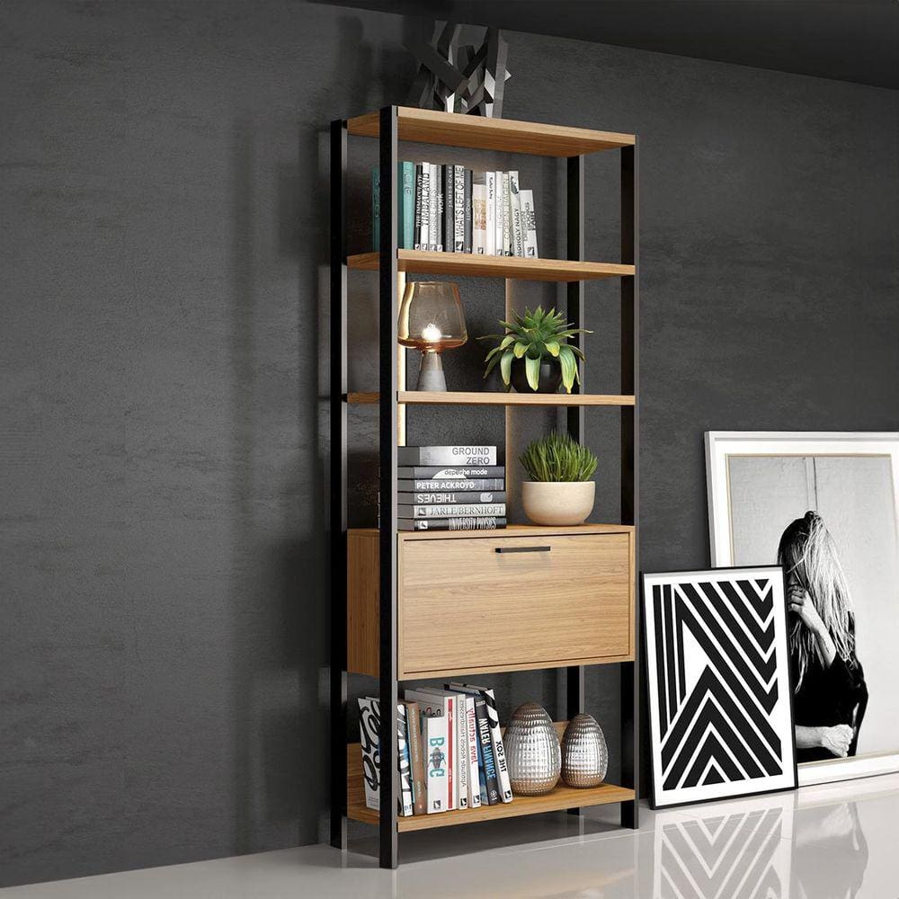 Estante Industrial com Porta Basculante 73x185 Cm 100% MDF Freijó e Preto Fosco Pradel