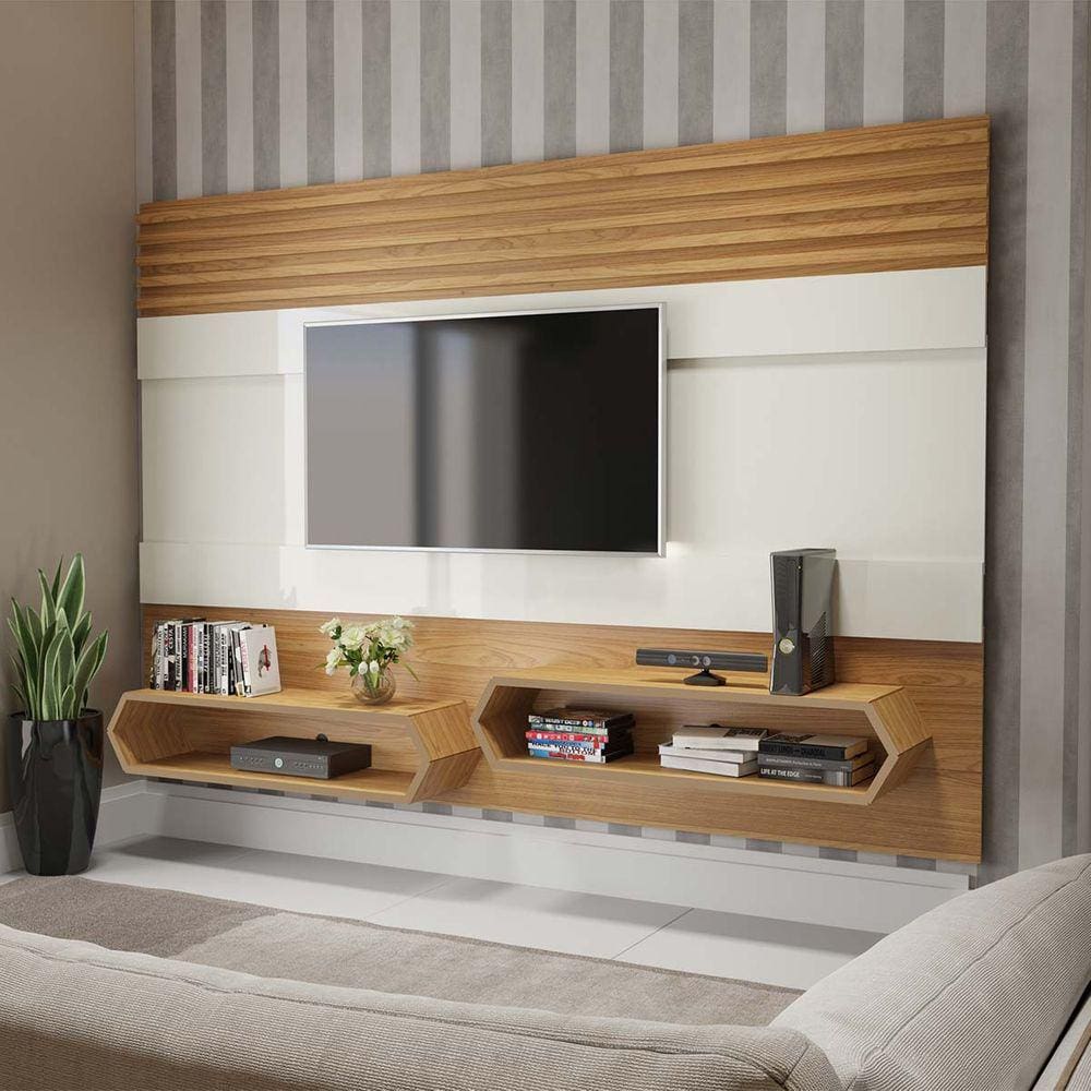 Painel Suspenso para TV de até 65\" 220 Cm 2 Nichos Off White Freijó Dalla Costa