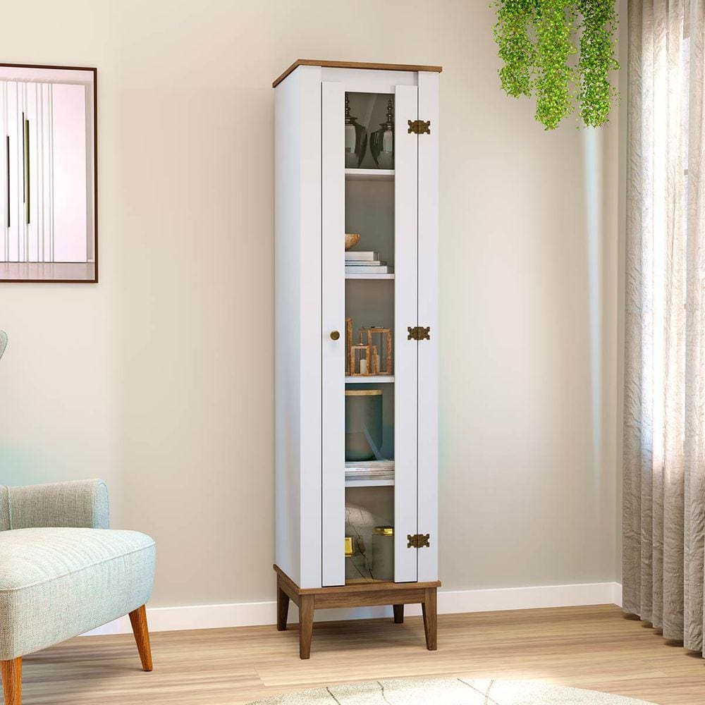 Cristaleira de Vidro 1 Porta 45 Cm Colonial Freijó Branco Móvel Bento