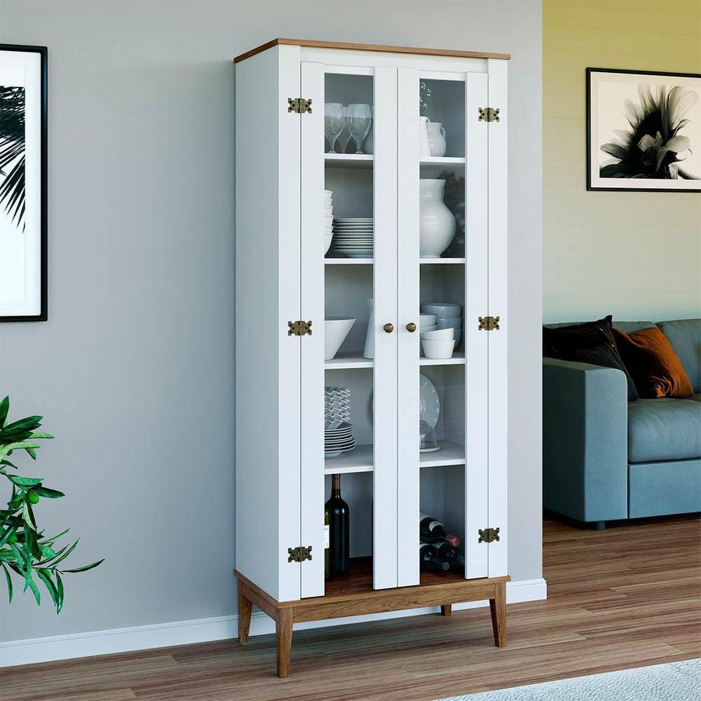 Cristaleira 2 Portas de Vidro 75 Cm Colonial Freijó Branco Móvel Bento
