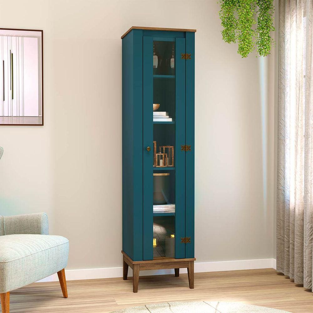 Cristaleira de Vidro 1 Porta 45 Cm Colonial Freijó Petróleo Móvel Bento