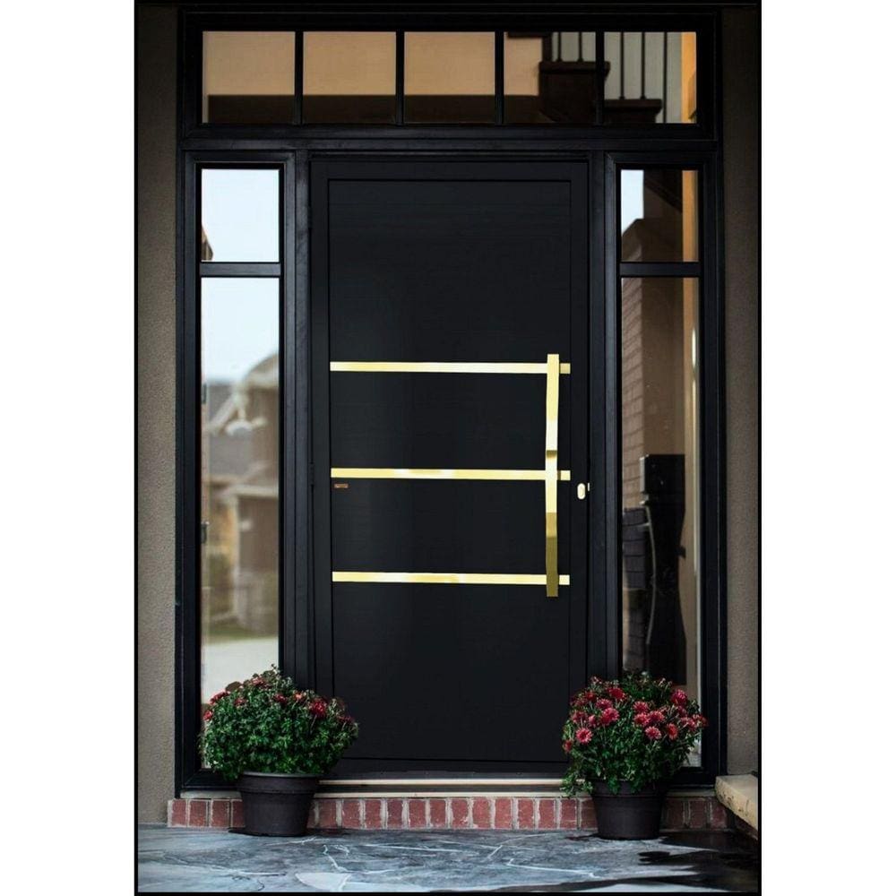 Porta de Aluminio Pivotante Lambril 210x120cm com Puxador Super Evolution Brimak Preto Dourado