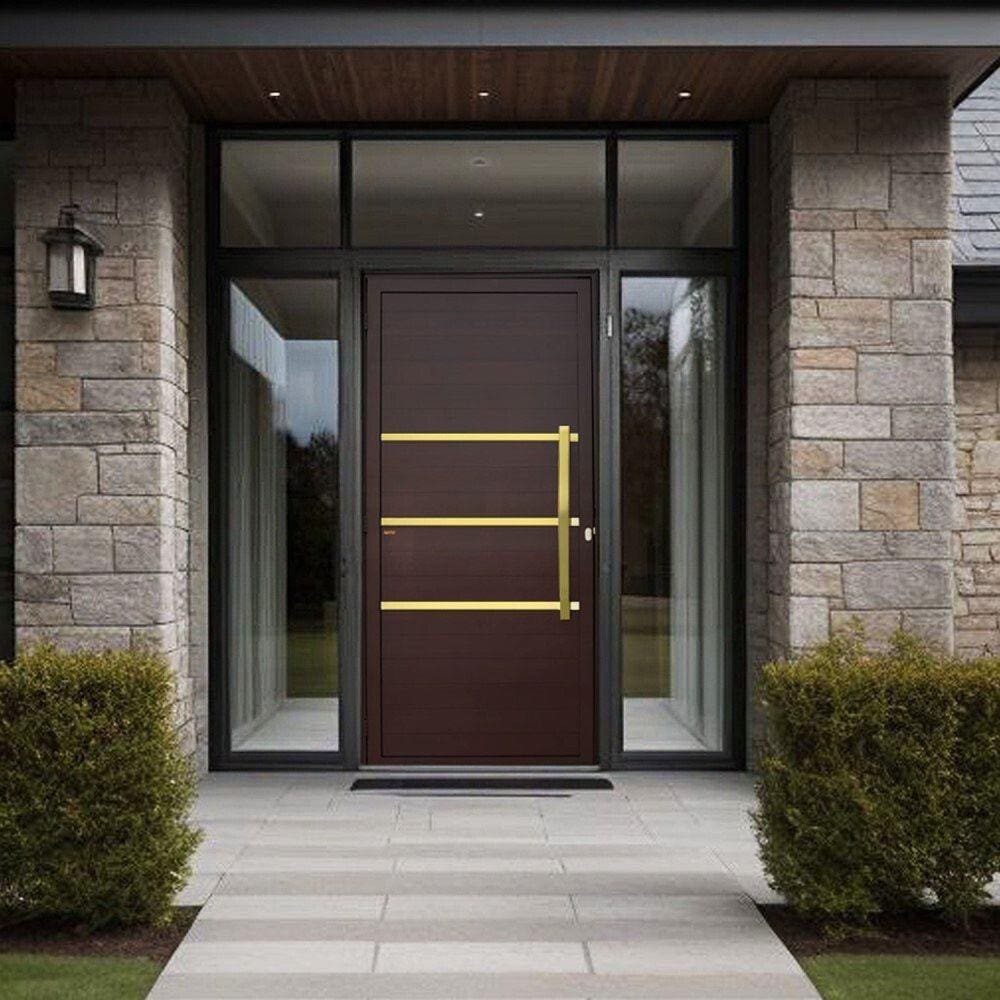 Porta de Aluminio Pivotante Lambril 210x120cm com Puxador Super Evolution Brimak Marrom Corten Dourado