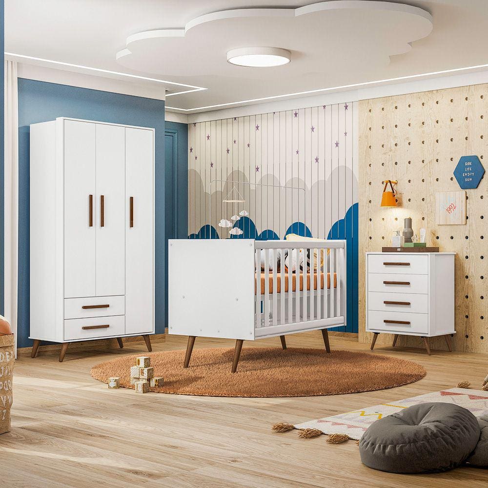 Quarto de Bebê Completo Qencanto Retrô Qmovi Branco Acetinado