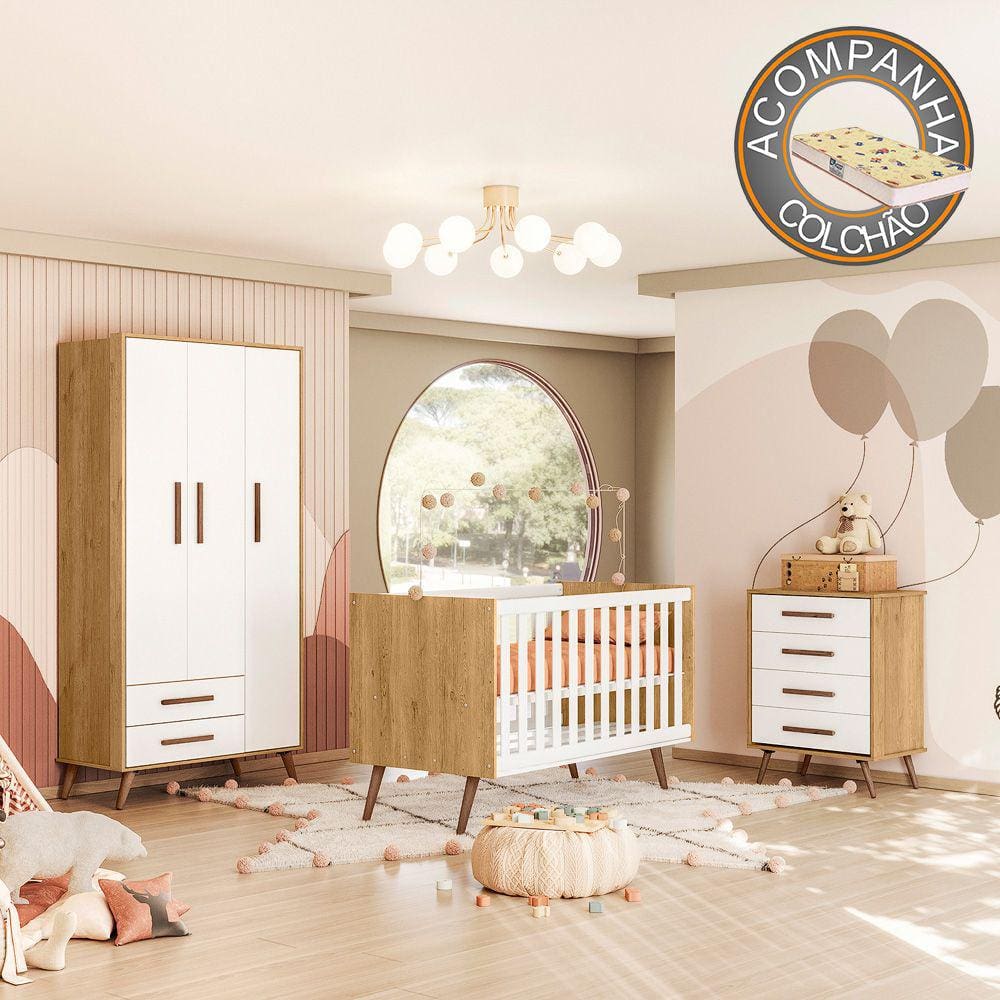 Quarto de Bebê Completo Qencanto Retrô Qmovi Freijó Branco Acetinado + Colchão Gazin