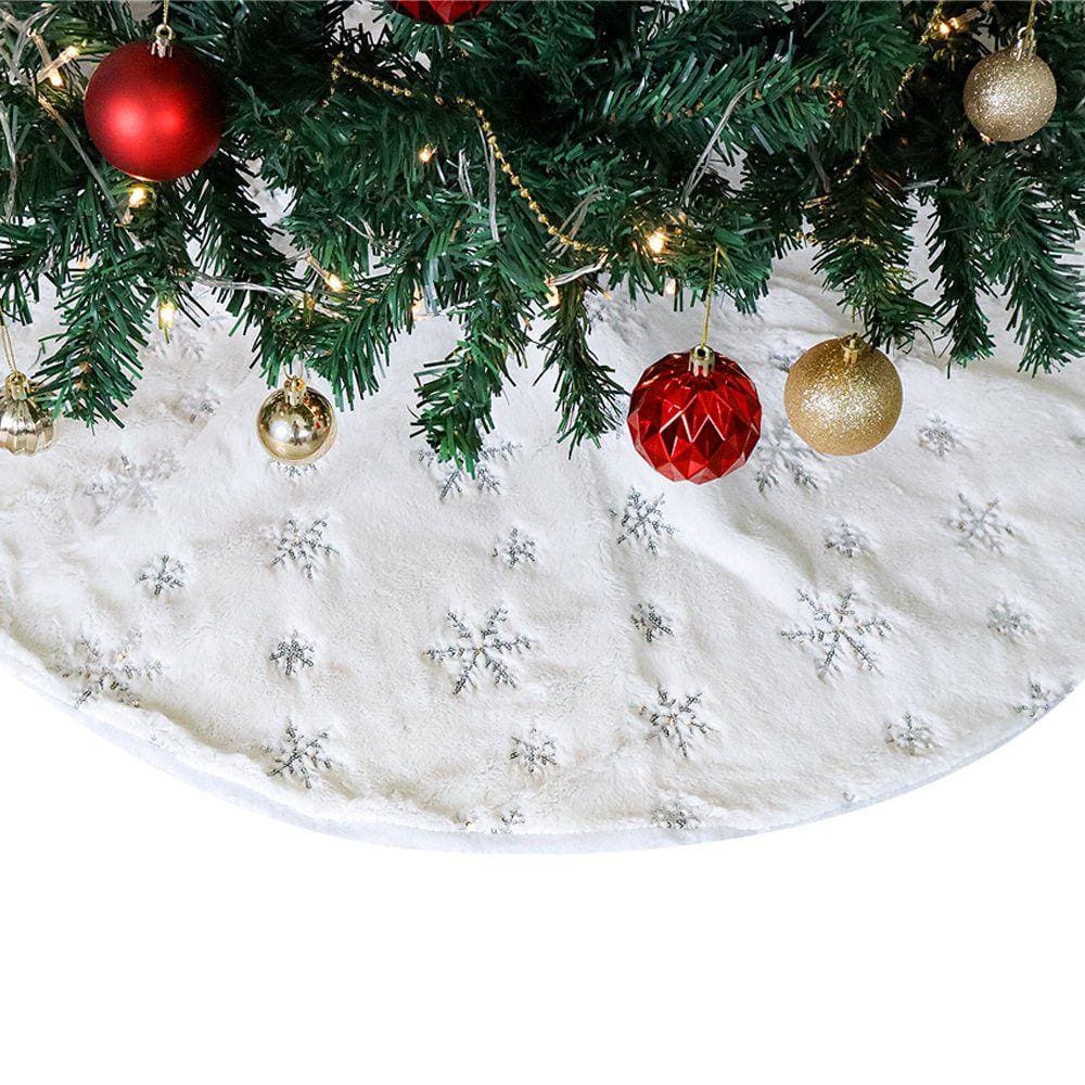 Saia para Árvore De Natal de Veludo Pelo Alto Branco Detalhes Prata Dourado 90cm