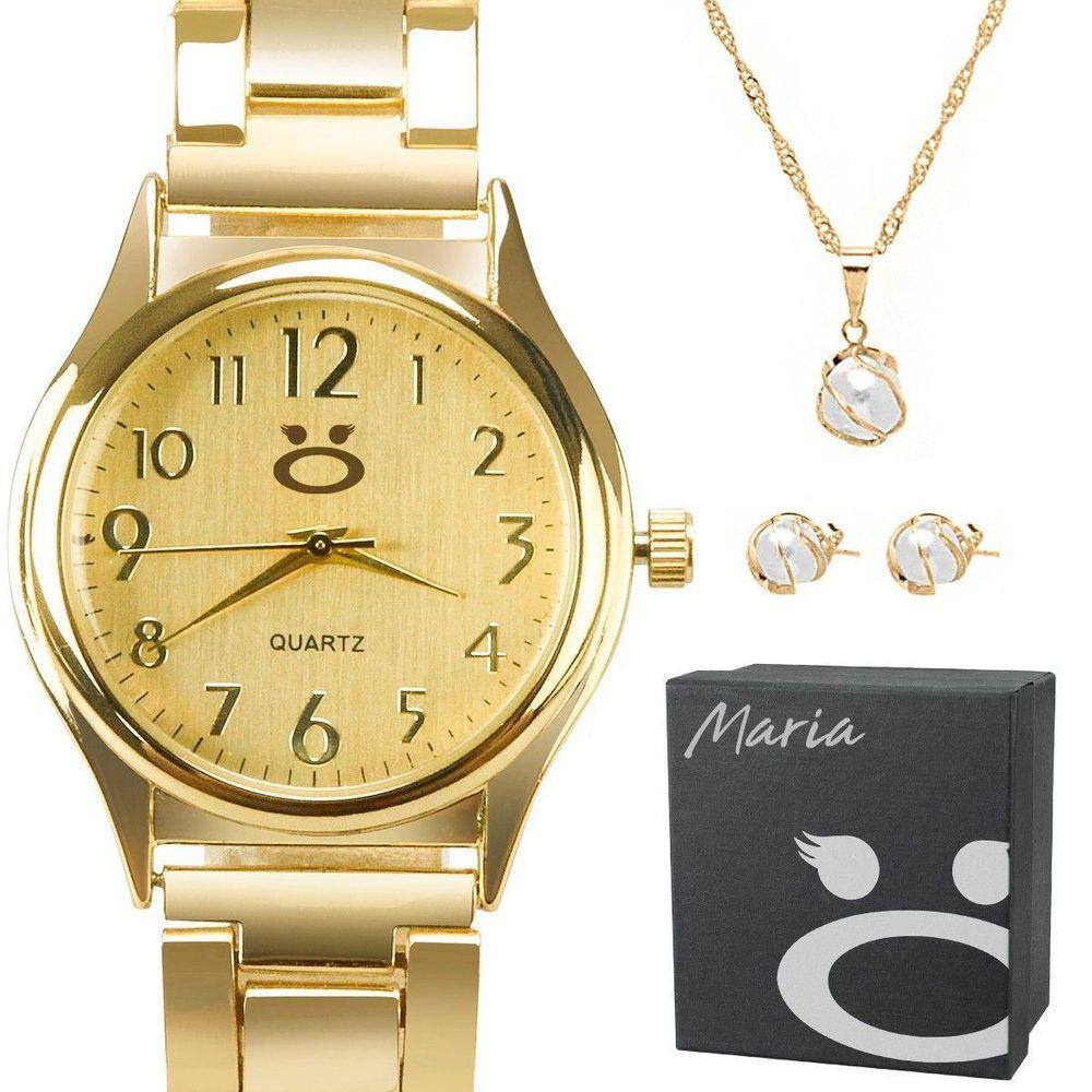 Relogio Feminino Banhado Dourado + Colar Brinco + Caixa