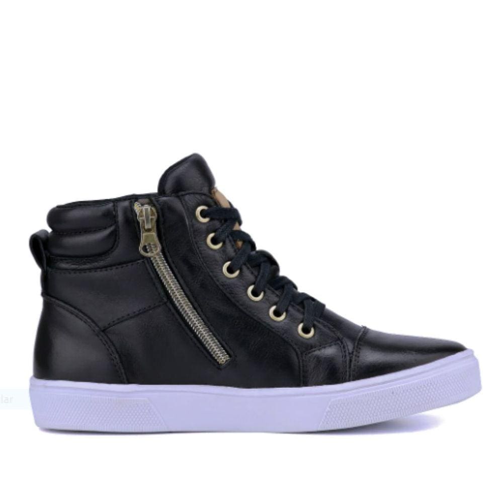 Bota Feminina Sneaker Em Couro Tenis Botinha Academia Preto