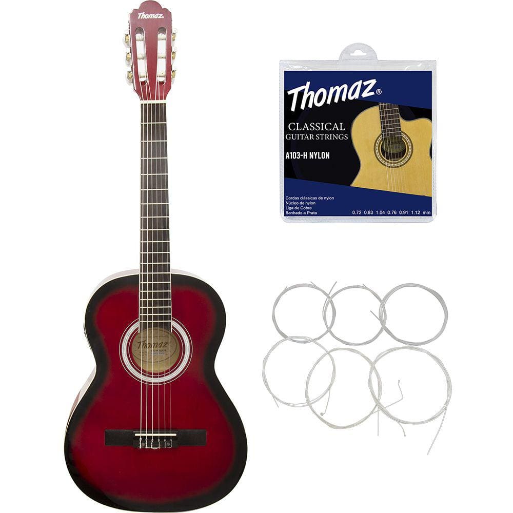 Kit Violão Eletroacústico Kids TCG 360 EQ Vermelho Thomaz + Encordoamento Nylon 103H