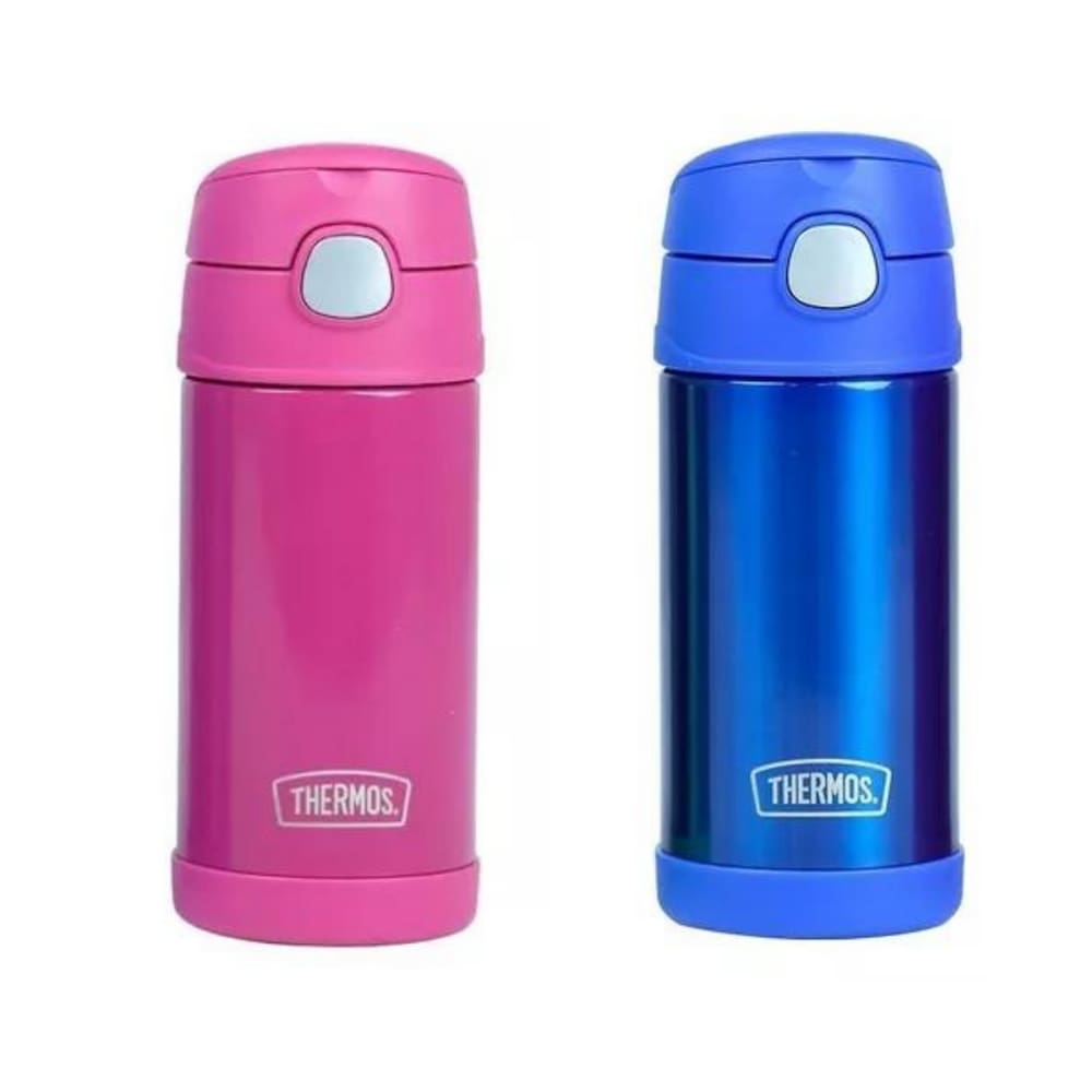 KIT Garrafa Térmica Thermos Infantil Inox 355ml Canudo Com Alça Azul e Rosa