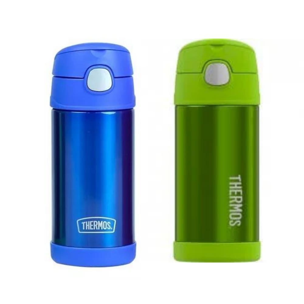 KIT Garrafa Térmica Thermos Infantil Inox 355ml Canudo Com Alça Azul e Verde