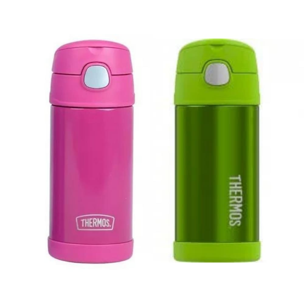 KIT Garrafa Térmica Thermos Infantil Inox 355ml Canudo Com Alça Rosa e Verde