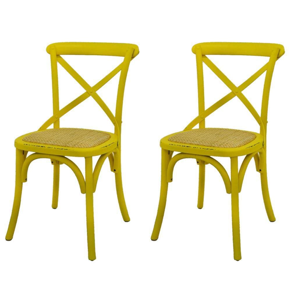Kit 2 Cadeiras Katrina Cross Rivattis Madeira Amarela Assento Rattan Natural