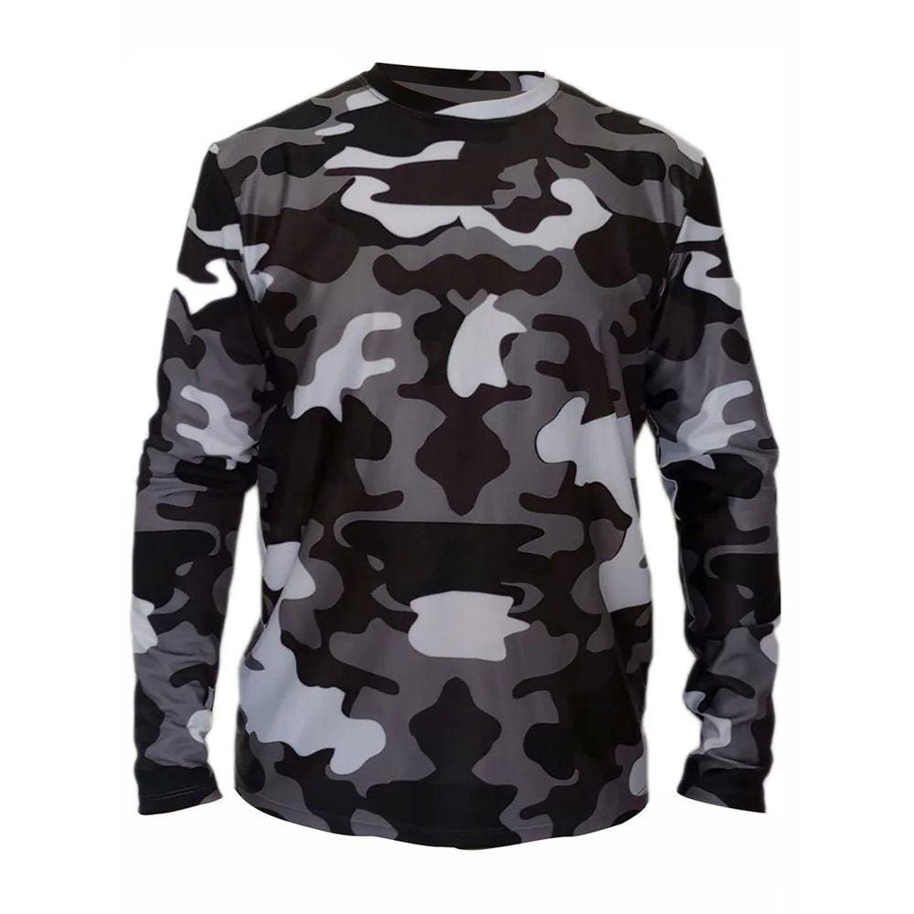 Camiseta Masculina Manga Longa Com Proteção Solar Uv50+ Camuflada Cinza Preto
