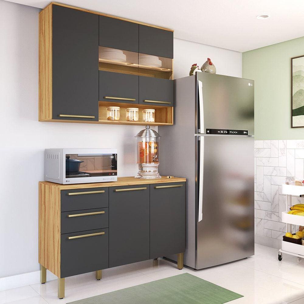 Cozinha Modulada Compacta 2 Peças 6 Portas 2 Gavetas com Tampo e Vidro Reflecta 100% Mdf Itália Espr Amêndoa/Cinza