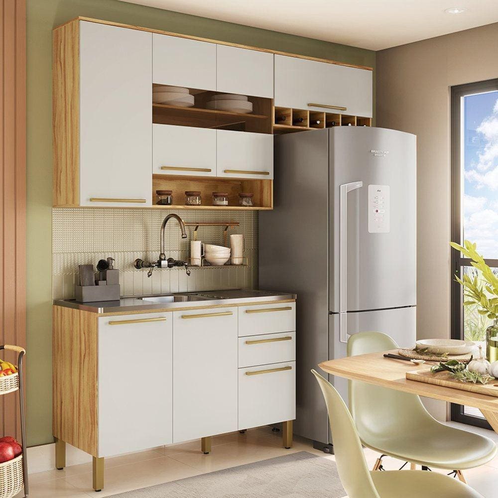 Cozinha Modulada Compacta 3 Peças 7 Portas 2 Gavetas sem Tampo com Vidro Reflecta 100% Mdf Itália Es Amêndoa/Off White