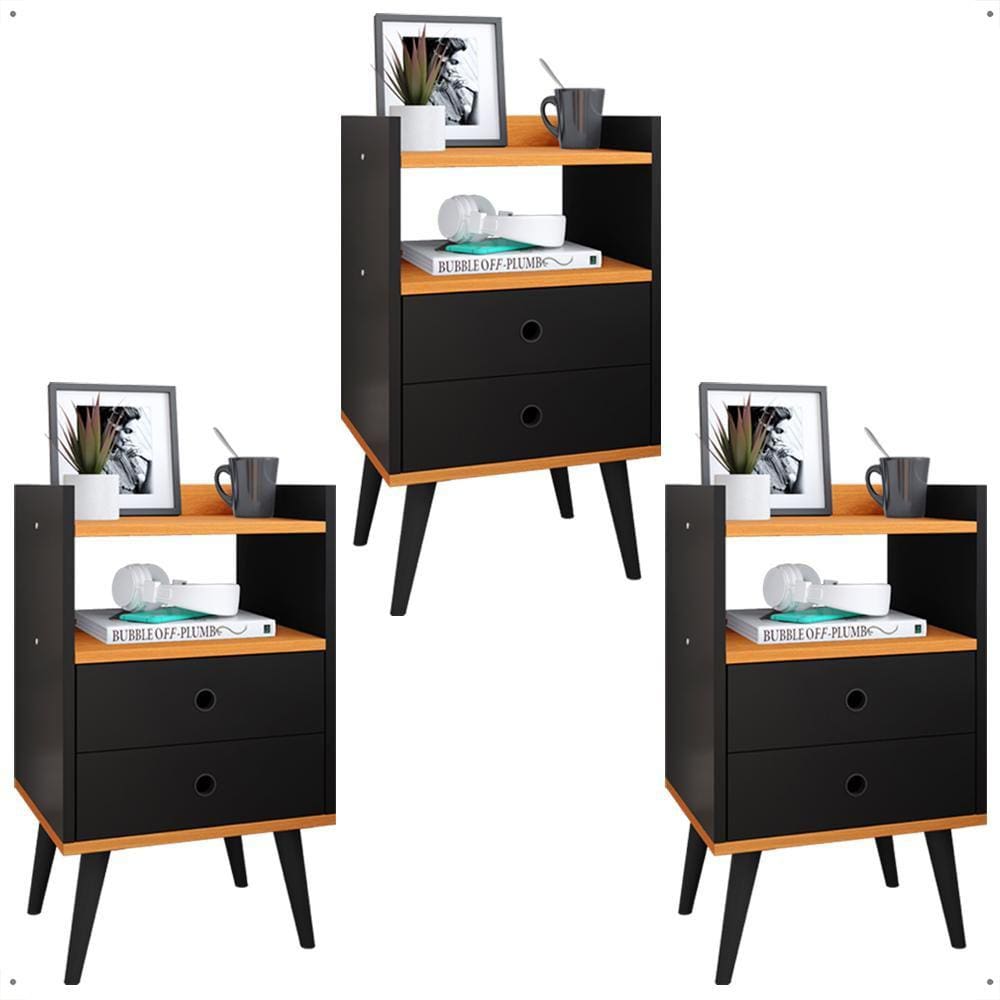 Jogo 3 Mesas Cabeceira Dream Lateral Cama Casal Solteiro Decoração Quarto Kit Mesinhas Retrô Organizadora - RPM Móveis
