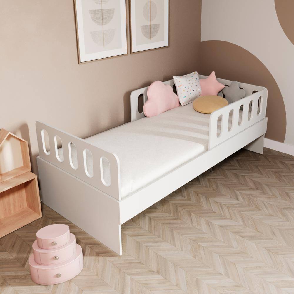 Cama Solteiro Mdf Branco com 02 Grades e Cabeceira Anatômica Mobilistore