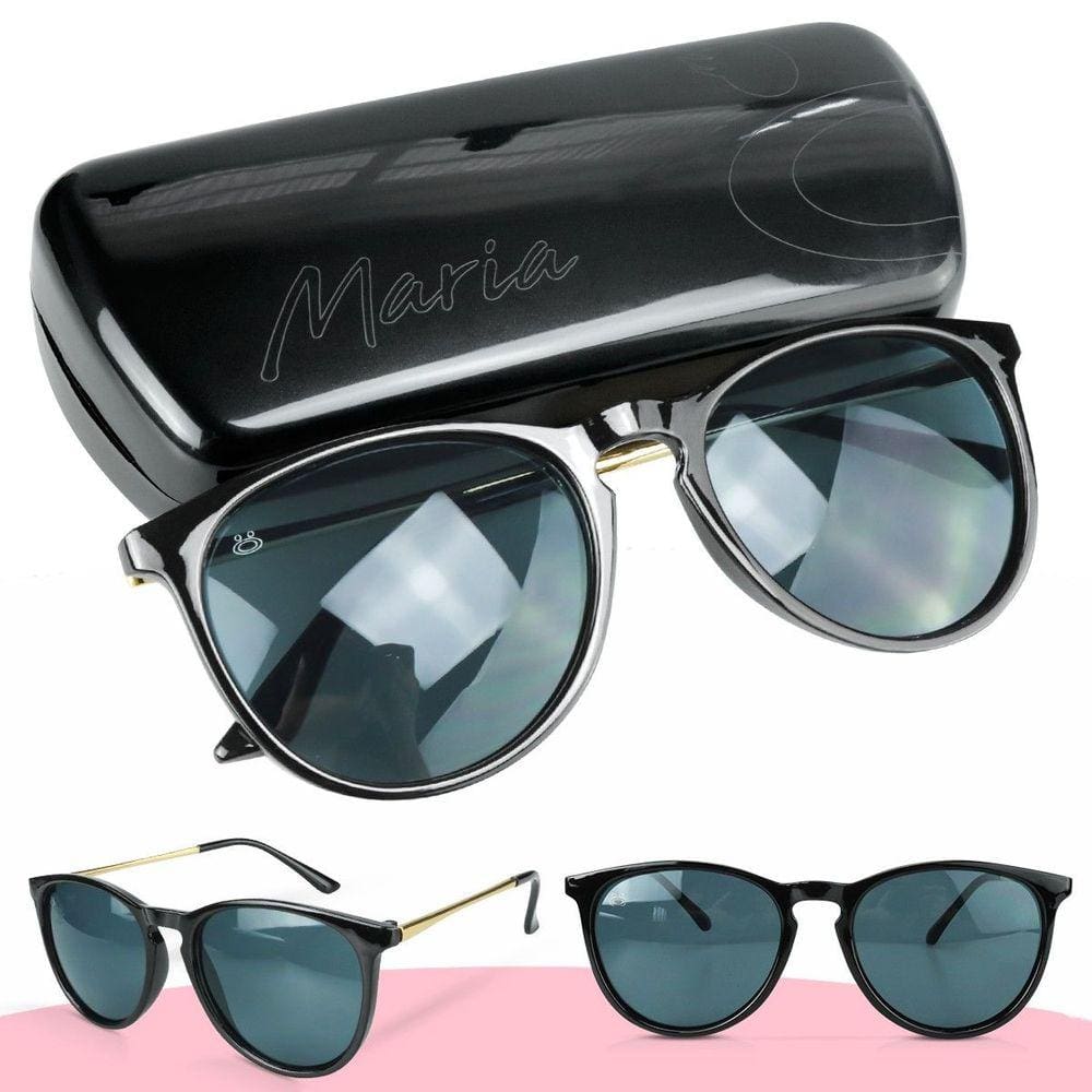 Oculos sol feminino redondo protecao uv preto acetato + case sol estiloso maria Casual