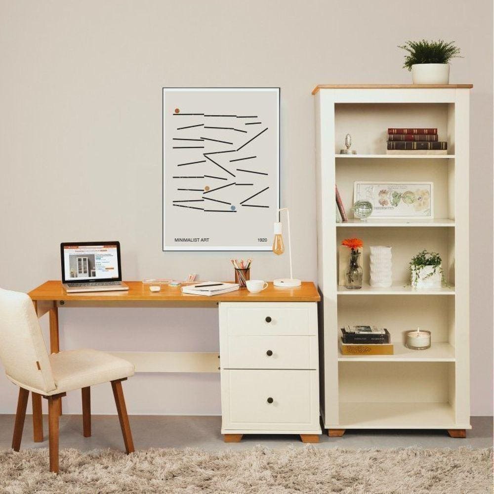 Conjunto Home Office 1 Mesa 150cm 3 Gavetas 1 Estante para Livros Ananda Cabecasa Madeiramadeira Off White/Mel