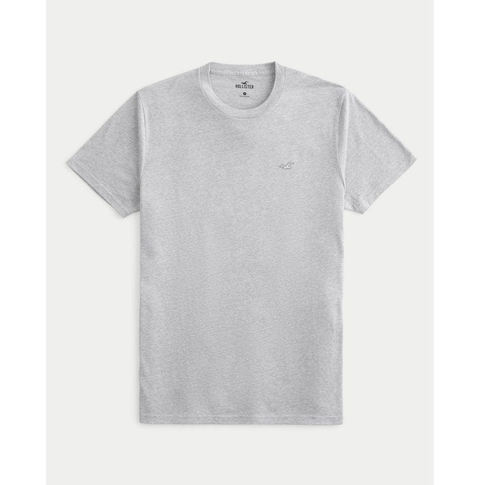 Camiseta Cinza Claro Mesclado Hollister Masculina Ícone Bordado