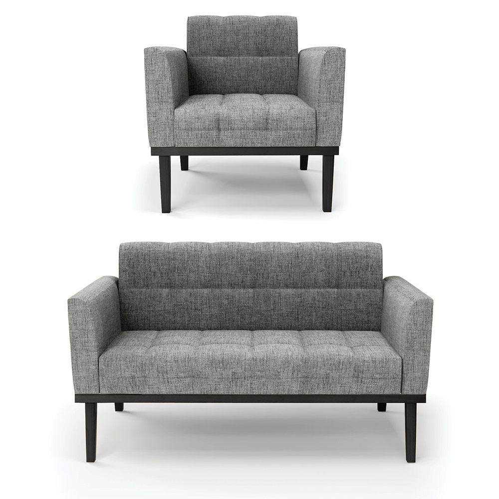 Sofá Namoradeira e Poltrona Base de Madeira Preto Elisa Linho Grafite A26 D03 - D`Rossi