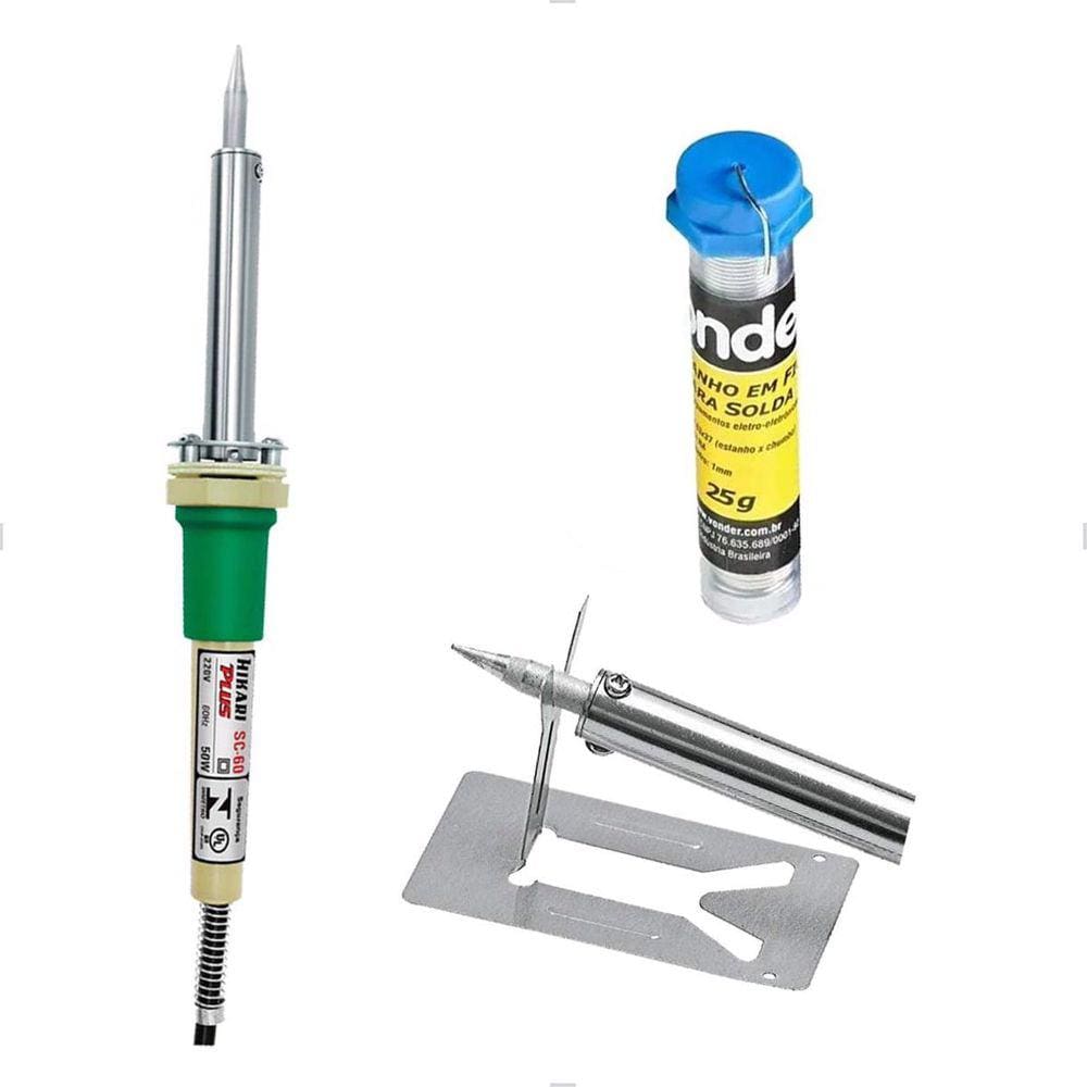 Kit Ferro De Soldar 220v Hikari + Estanho Fio 1mm 25g Vonder