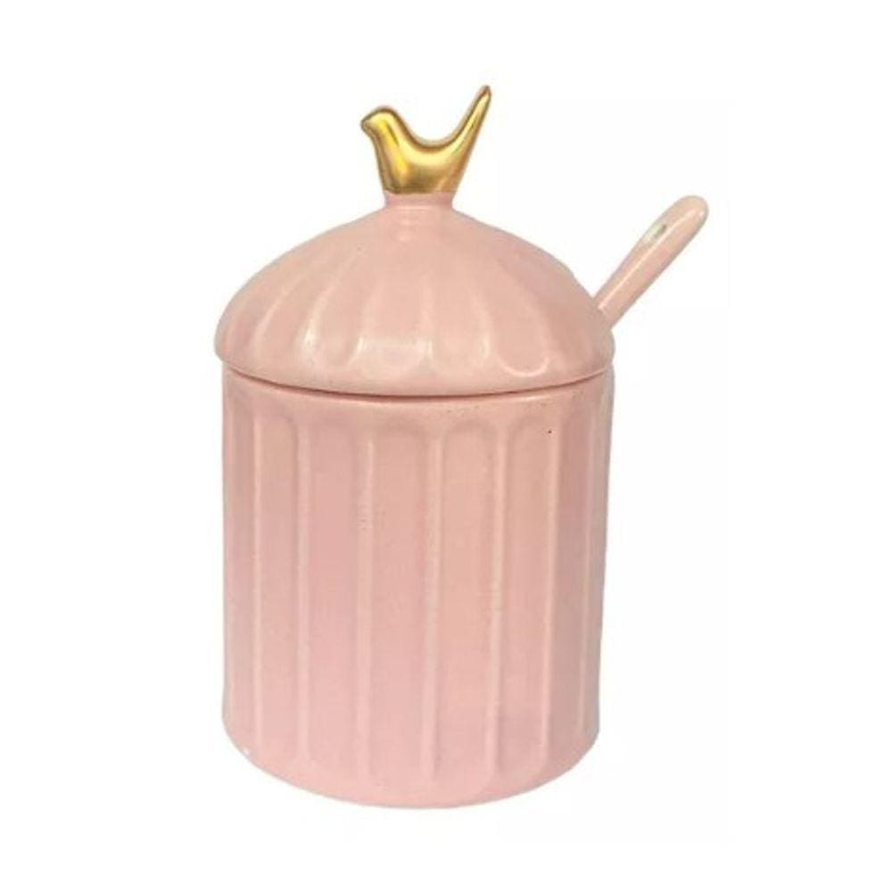 Acucareiro de Cerâmica Colibri Pássaro com Colher Rosa Wolff 7cmx10.5cm