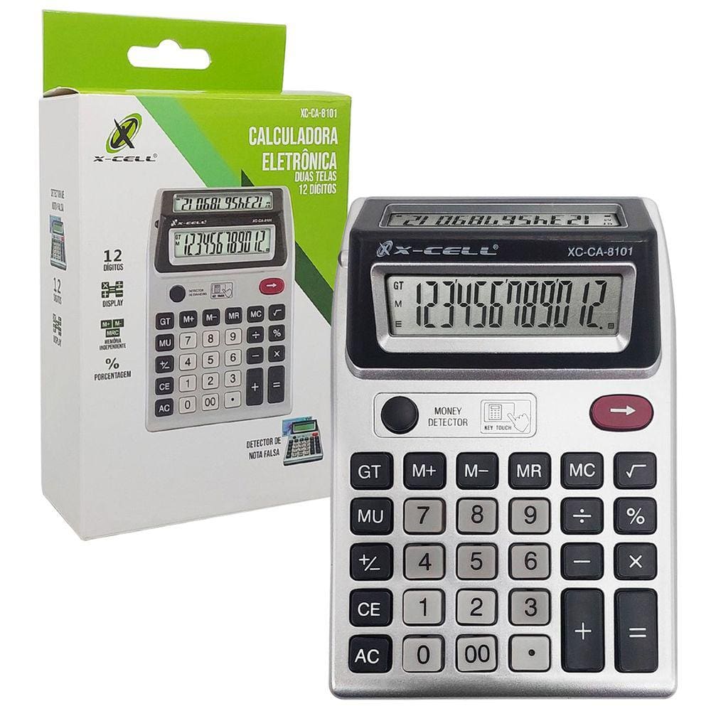 Calculadora Eletrônica X-Cell, 12 Dígitos, Visor Duplo, Detector de Notas Falsas - XC-CA-8101
