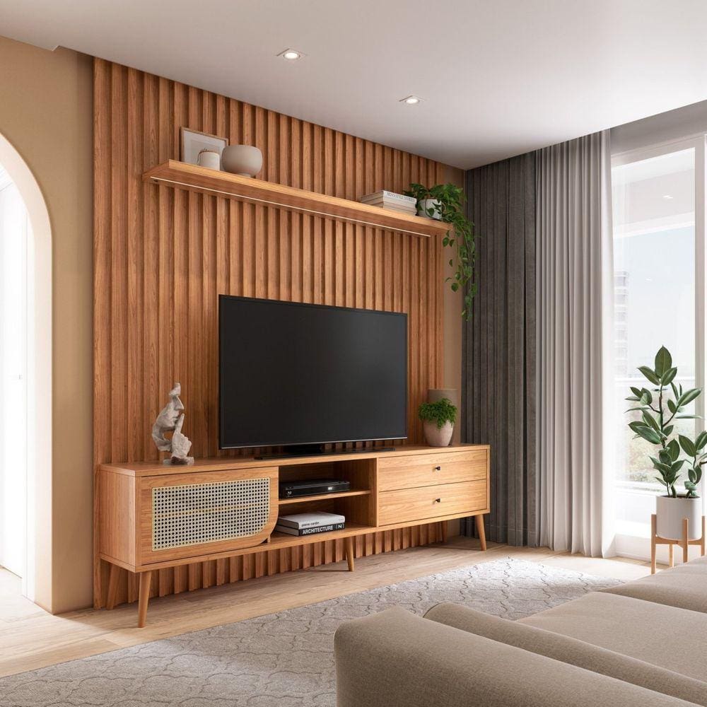 Painel com Rack para Tv até 75 Polegadas 2 Gavetas e Porta de Correr Freijó Madeirado