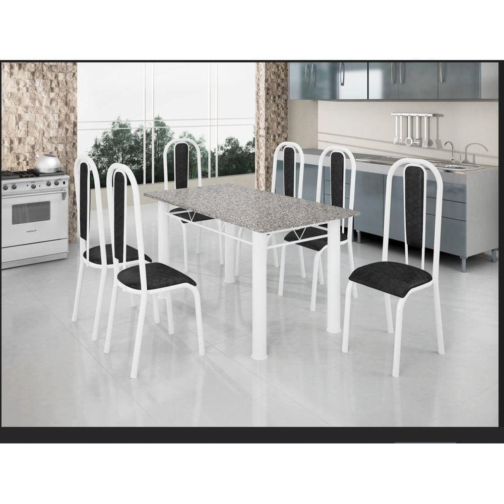 Conjunto Mesa Tubular com 6 Cadeiras Atenas Tubos Brancos/Estofados preto/Tampo granito Ocre