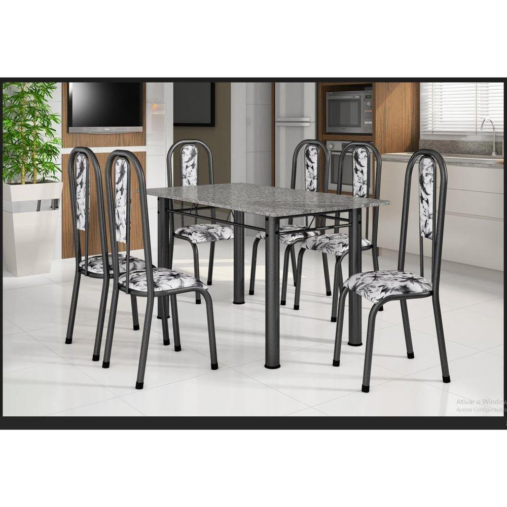 Conjunto Mesa Tubular com 6 Cadeiras Atenas Tubos Prata martelado/Estofados fundo branco e flo