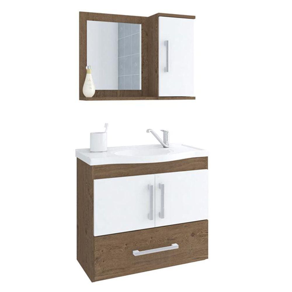 Gabinete de Banheiro com Cuba e Espelheira Atenas 65cm Amendoa/Branco - MGM