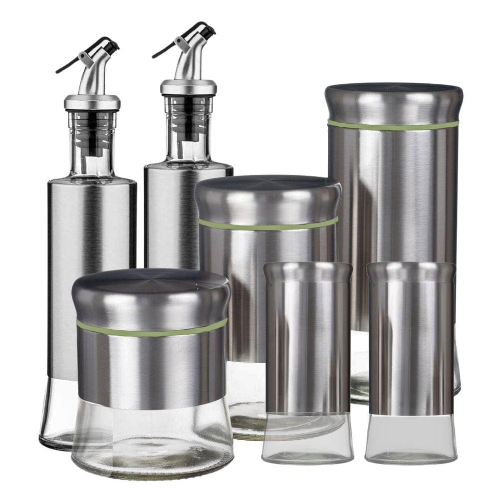 Conjunto Galheteiro/Porta condimentos Vidro Inox 7 Peças